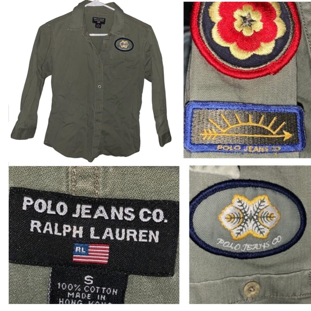 Polo Ralph Lauren Olive Button Down Embroidered Patch Top